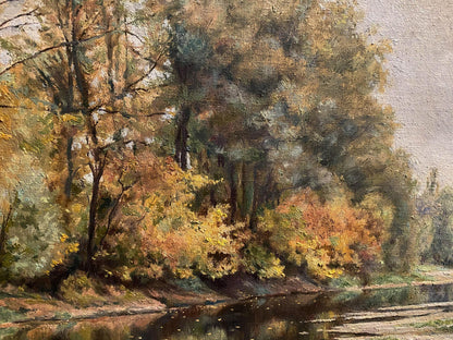 Oil painting by Litvinov Arkady Petrovich: autumn forest with golden foliage reflected in calm river on sunny day