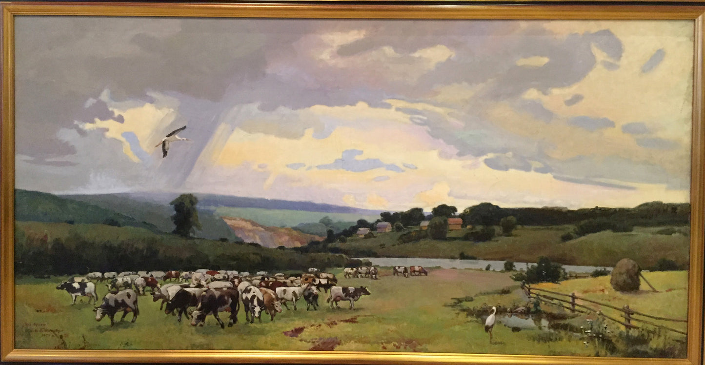 Framed Oil painting Over the Boog P. Taranyuk pastoral cattle scene