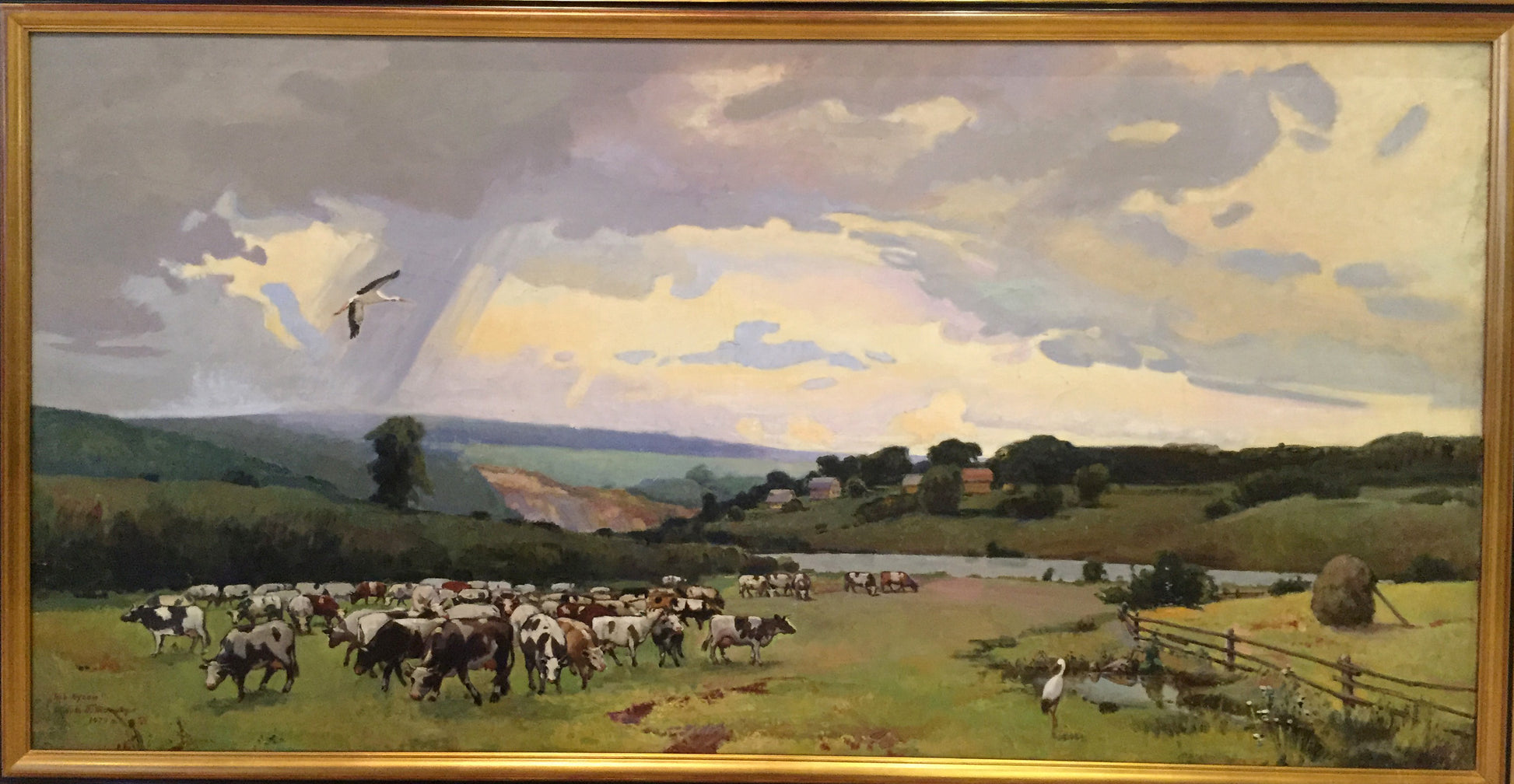 Framed Oil painting Over the Boog P. Taranyuk pastoral cattle scene