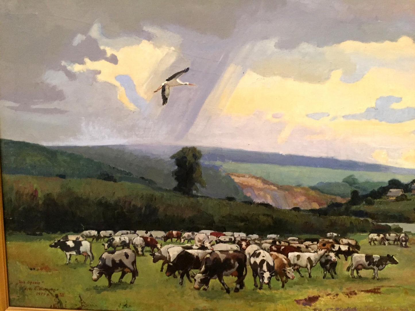 Oil painting Over the Boog by P. Taranyuk: cows grazing under dramatic sky