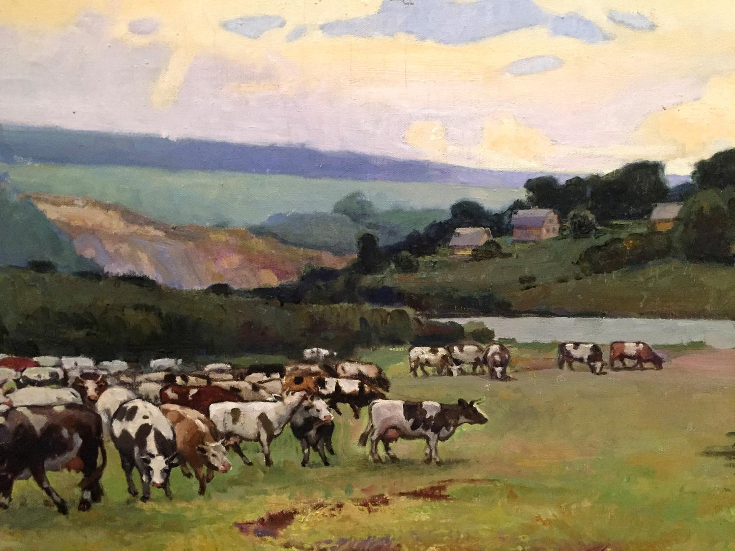 Oil painting Over the Boog by P. Taranyuk: cows grazing in sunlit field