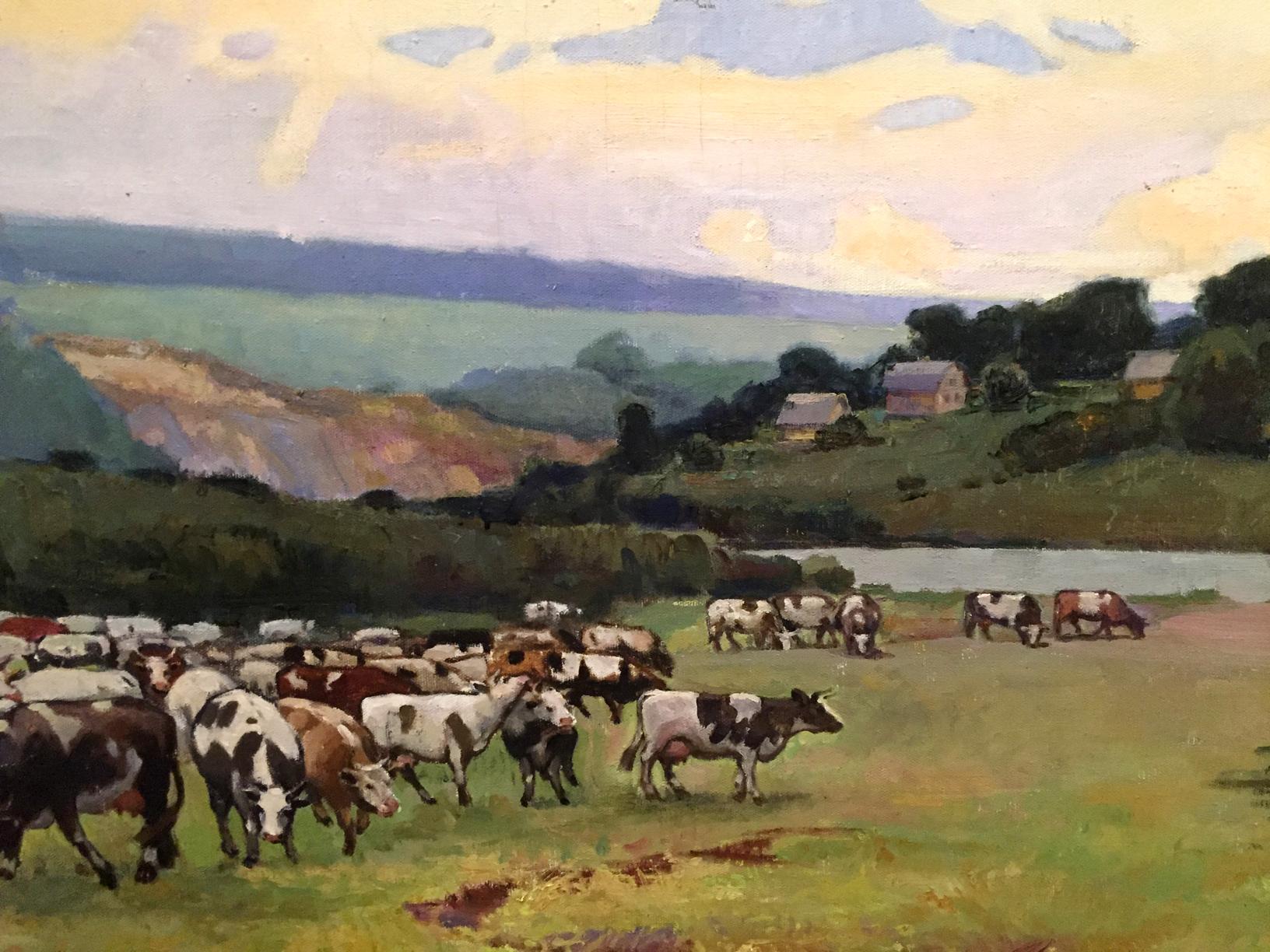 Oil painting Over the Boog by P. Taranyuk: cows grazing in sunlit field