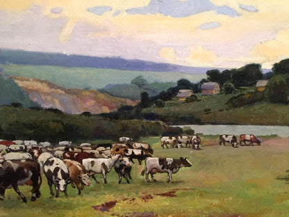 Oil painting Over the Boog by P. Taranyuk: cows grazing in sunlit field