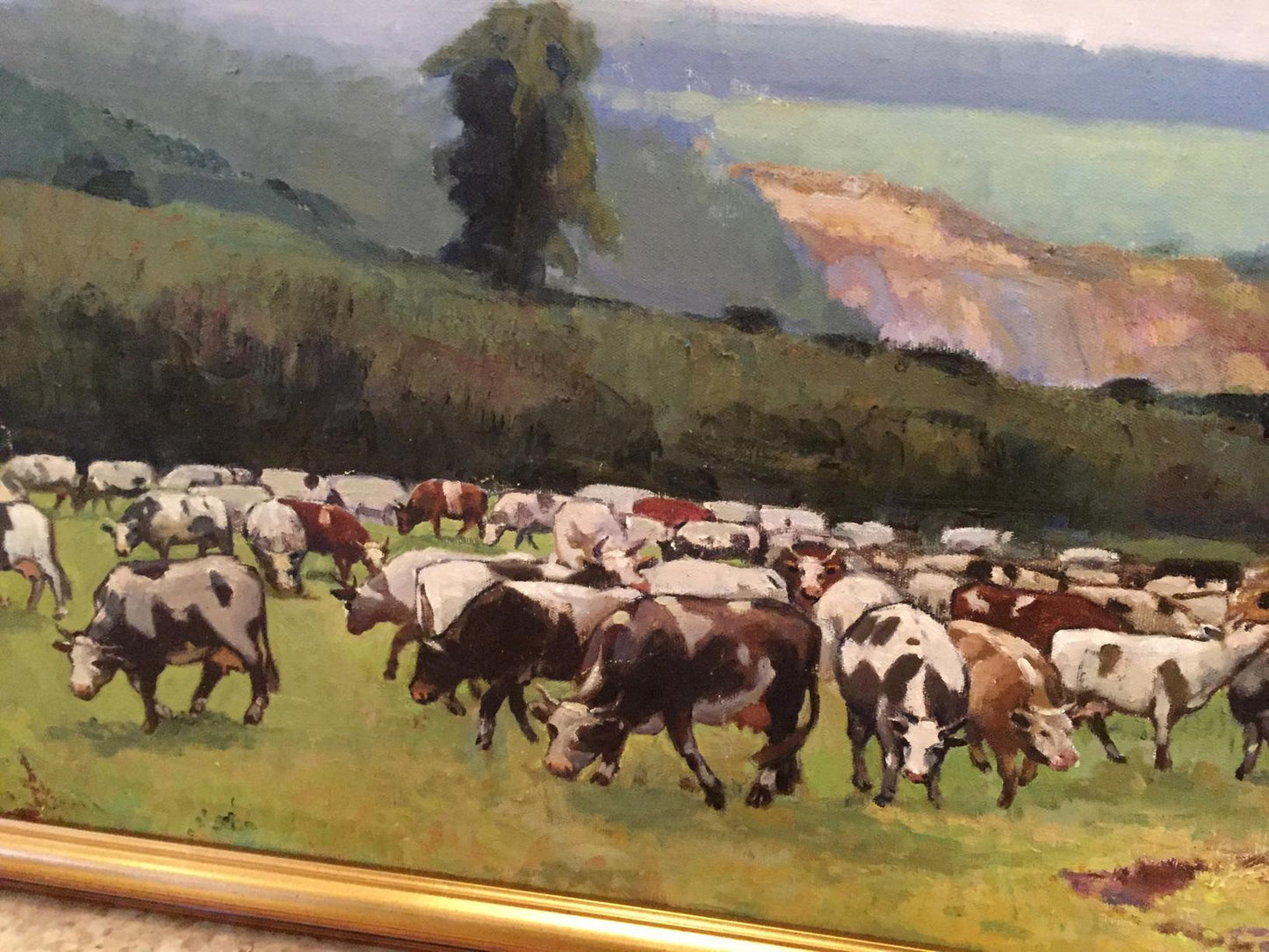 Oil painting Over the Boog by P. Taranyuk: cows grazing in green field