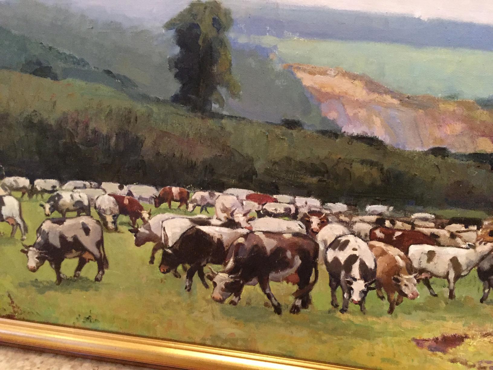 Oil painting Over the Boog by P. Taranyuk: cows grazing in green field