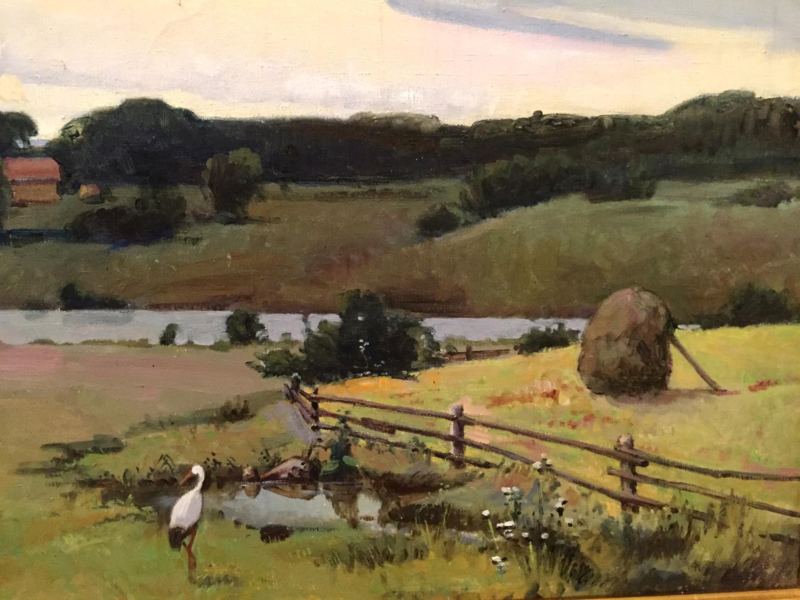 Oil painting Over the Boog by P. Taranyuk: rustic fence in sunlit field