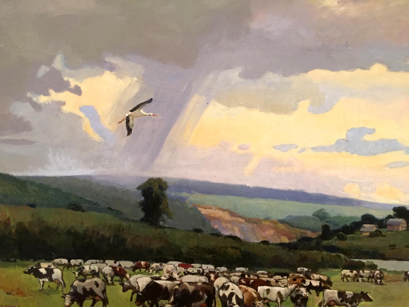 Oil painting Over the Boog by P. Taranyuk: cows grazing in sunlit field