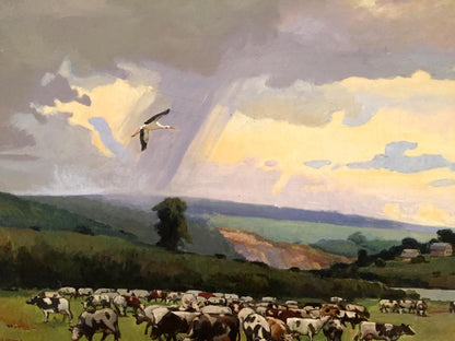 Oil painting Over the Boog by P. Taranyuk: cows grazing in sunlit field