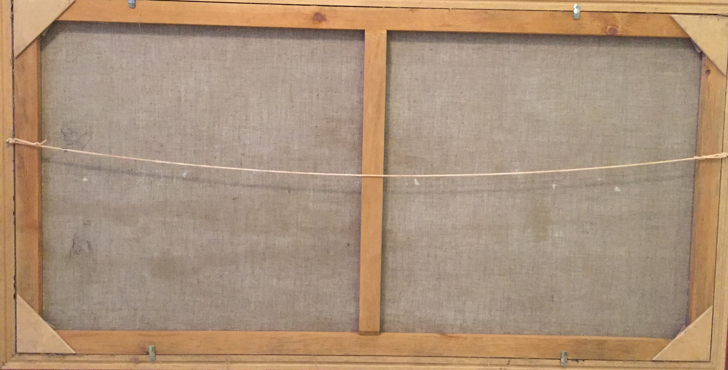 Back of Oil painting Over the Boog P. Taranyuk on light brown wooden frame with gray fabric