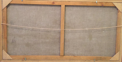 Back of Oil painting Over the Boog P. Taranyuk on light brown wooden frame with gray fabric