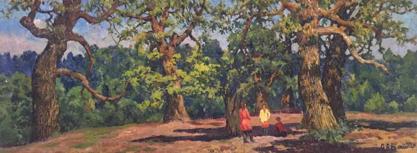 Serene oil painting Summer park: three children under ancient oaks