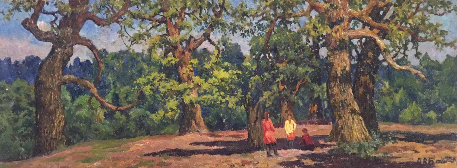 Serene oil painting Summer park: three children under ancient oaks