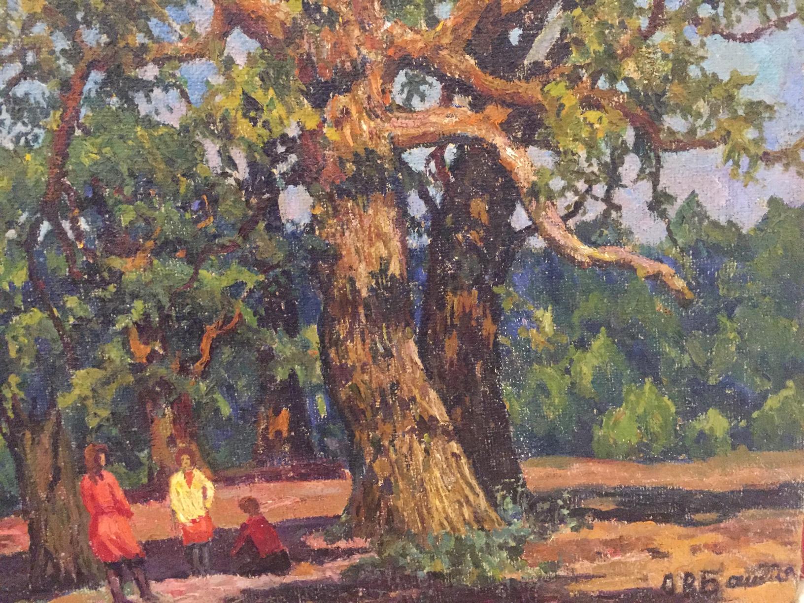 Oil painting of textured gnarled tree trunk in Summer park