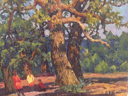 Oil painting of textured gnarled tree trunk in Summer park