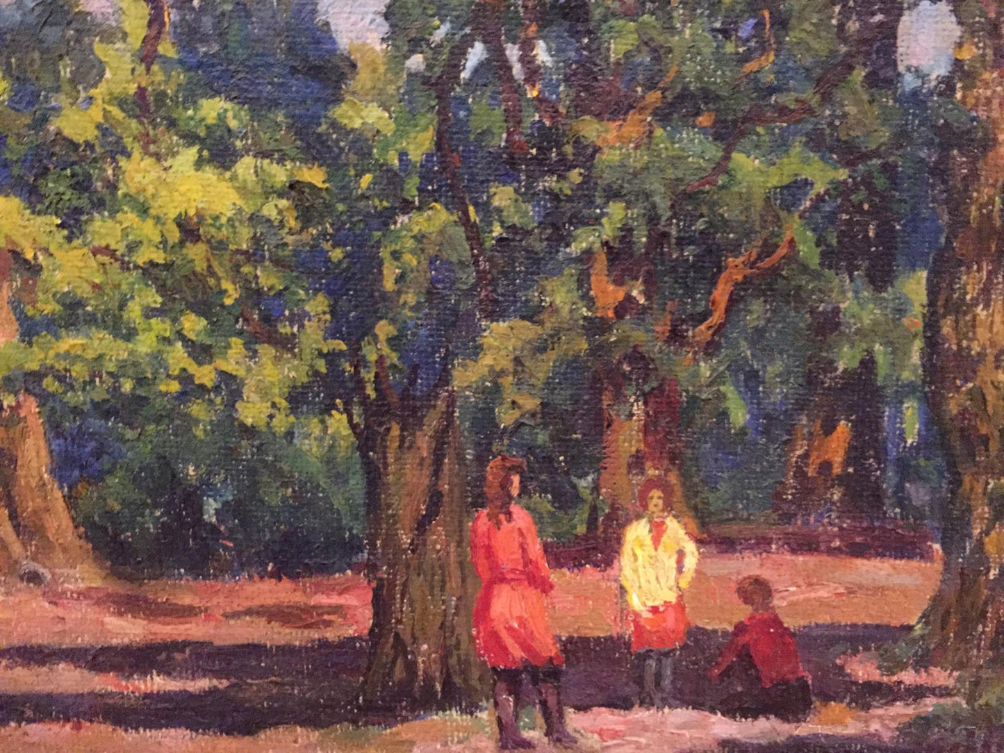 Vibrant oil painting of three figures in sun-dappled summer park forest
