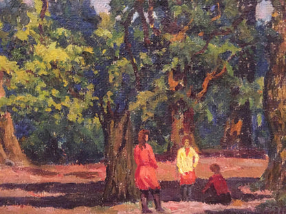 Vibrant oil painting of three figures in sun-dappled summer park forest