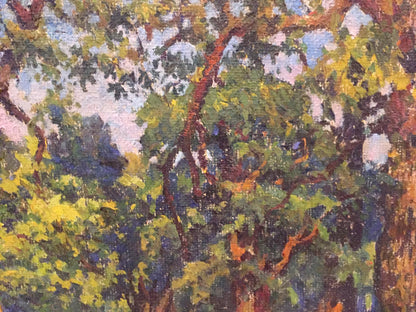 Vibrant impressionist oil painting of sunlit summer park forest