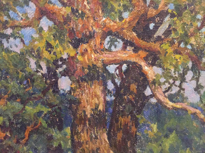 Textured oil painting of sprawling summer park tree with gnarled branches and green foliage on blue sky