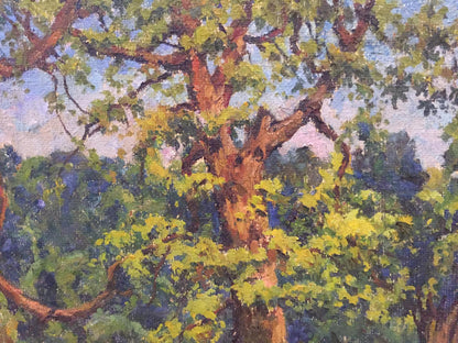 Oil painting of Summer park tree with gnarled bark and green leaves