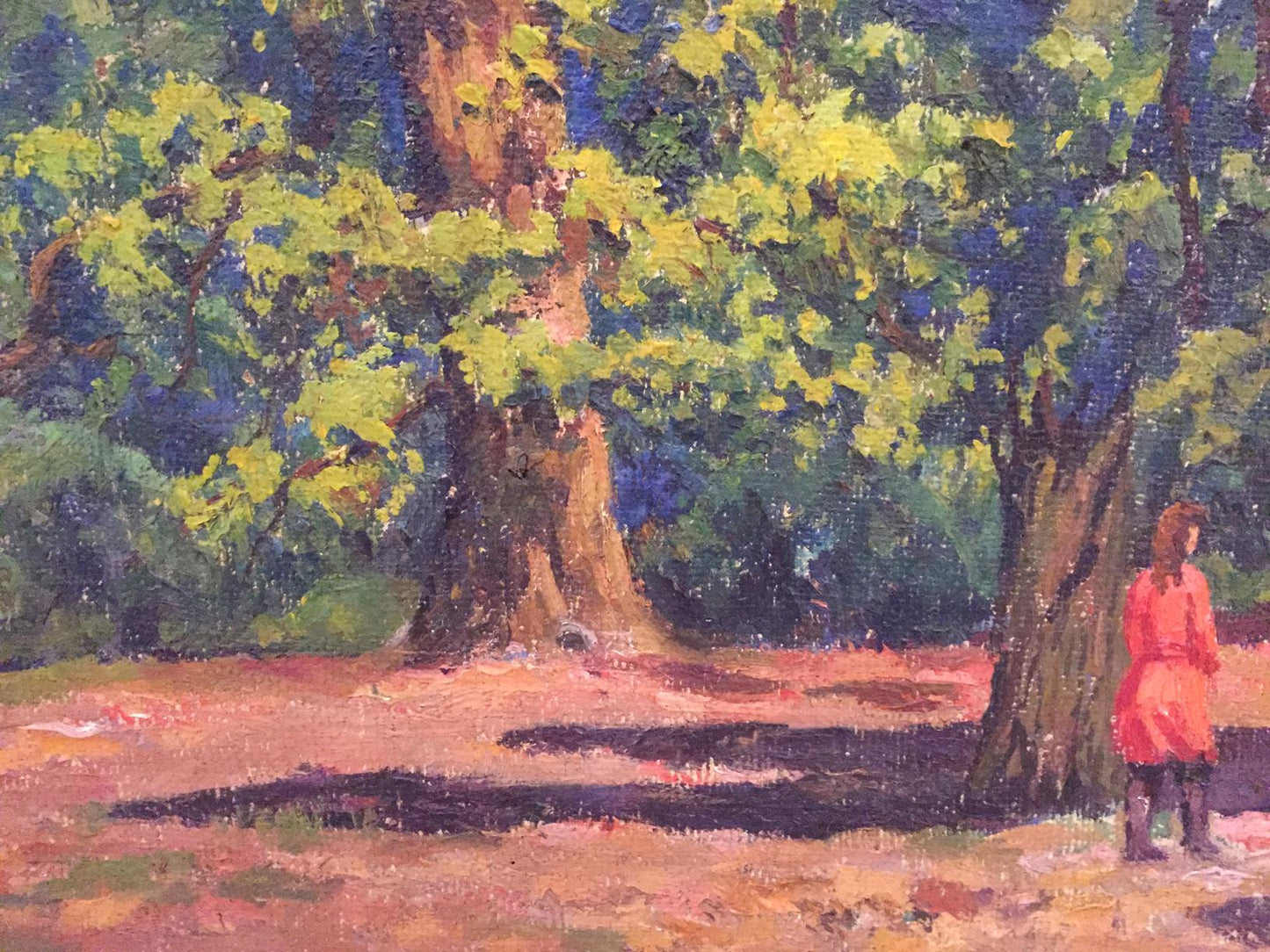 Oil painting of girl in red coat by tree in summer park