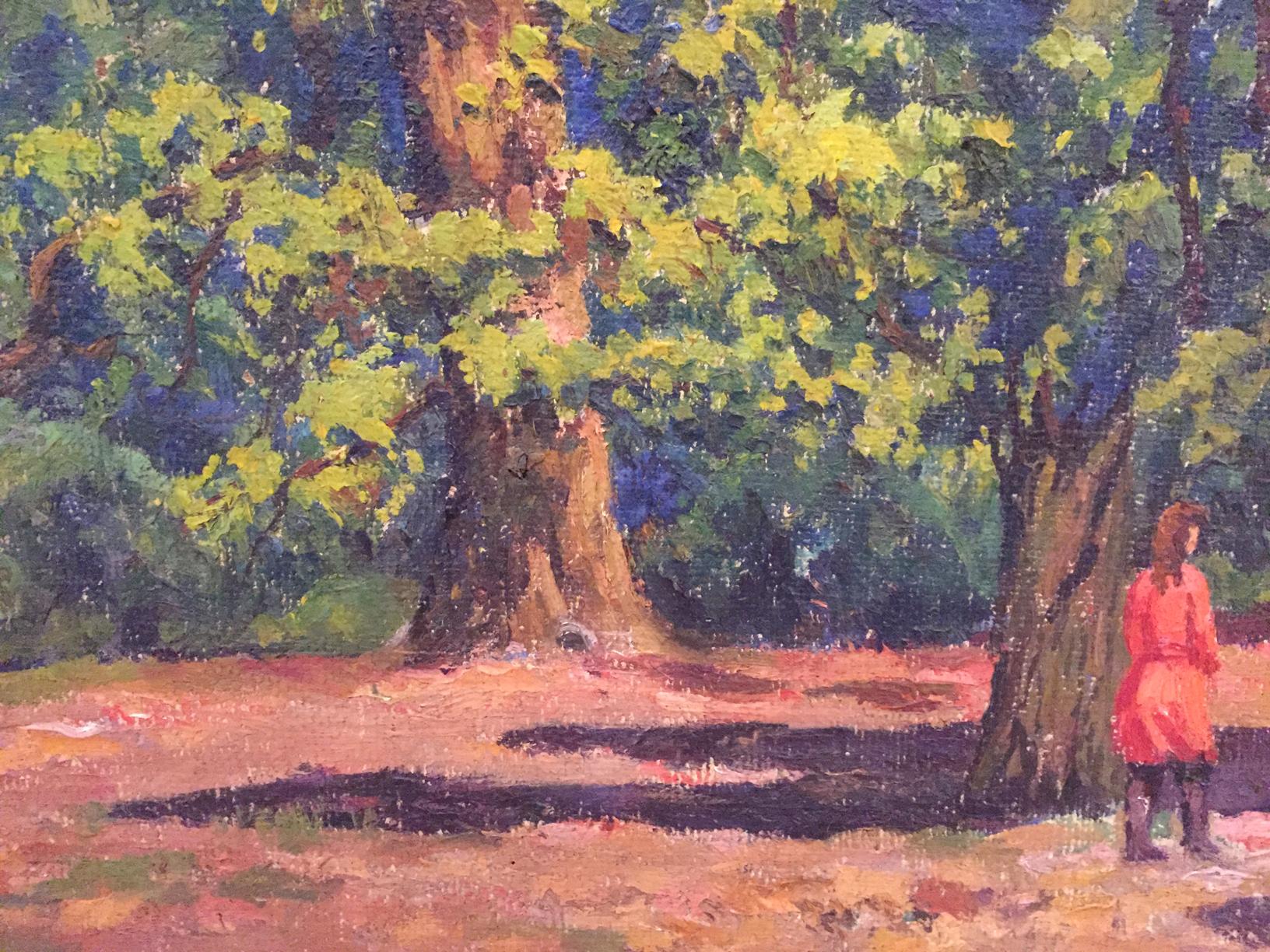 Oil painting of girl in red coat by tree in summer park