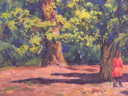 Oil painting of girl in red coat by tree in summer park
