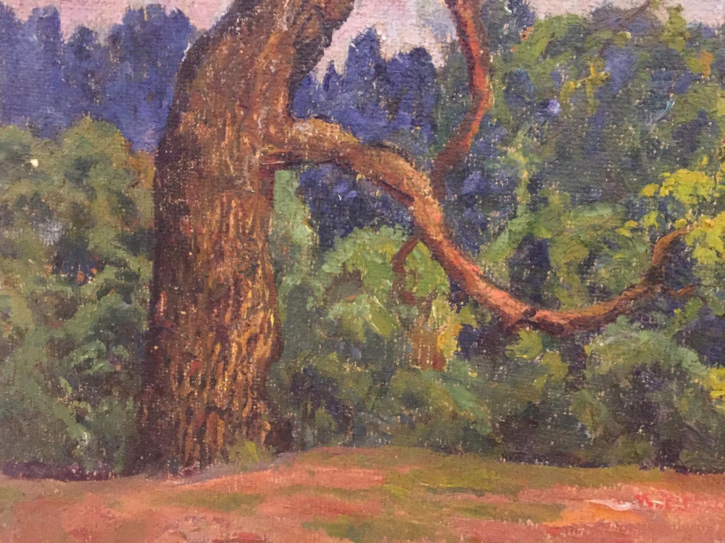 Oil painting Summer park: textured brown tree trunk with gnarled branch in lush green foliage