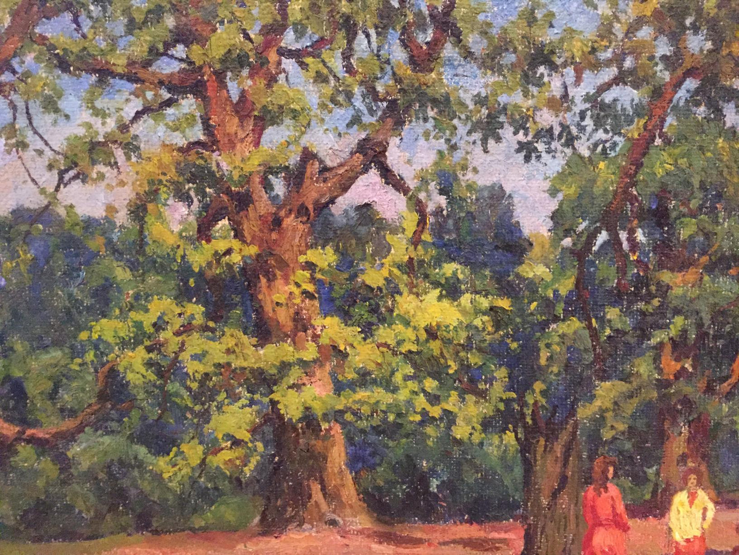 Vibrant impressionistic oil painting of summer park tree under blue sky