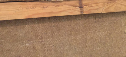 Back of Oil painting Summer park canvas stretcher bar with handwritten text