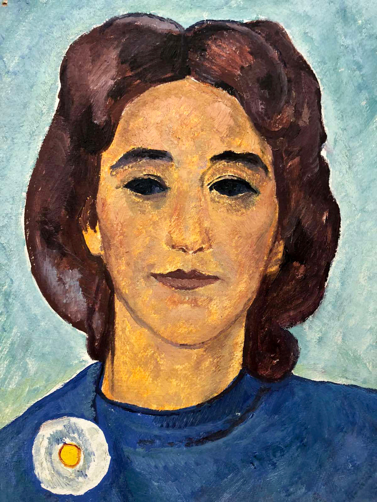 Oil painting Female portrait Zalyvakha Opanas: woman with wavy brown hair, blue top