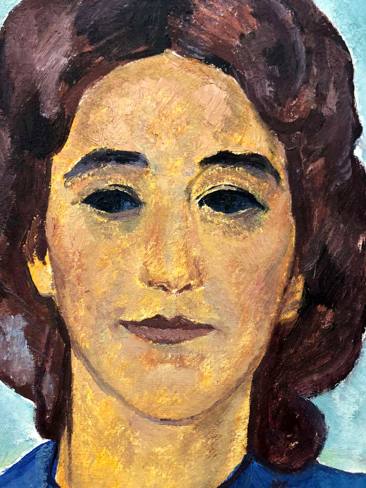 Textured oil painting portrait by Zalyvakha Opanas of woman with wavy dark brown hair