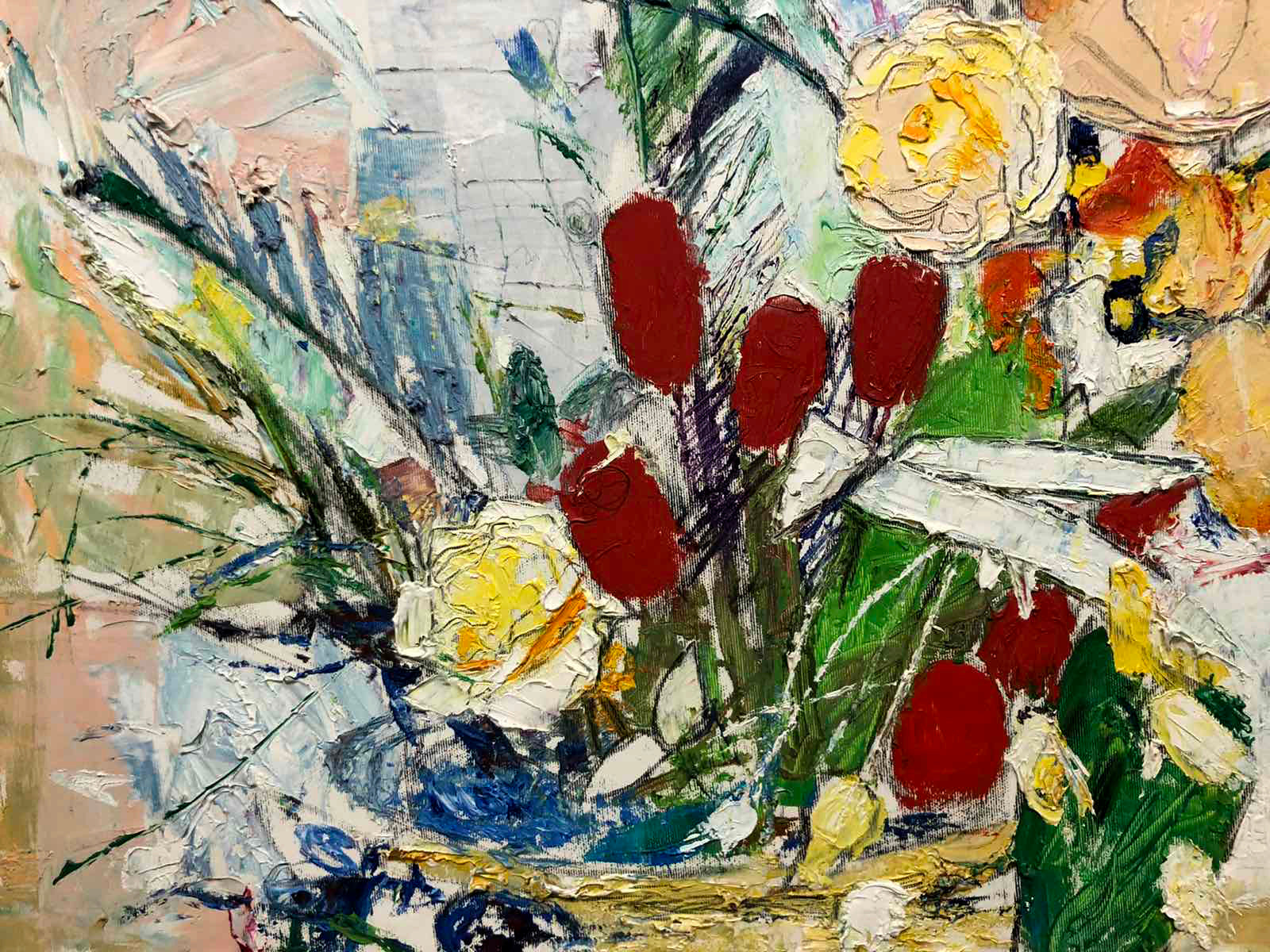 Vibrant Filipenko Vladimir oil painting of red yellow flowers in blue vase