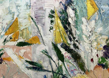 Oil painting Composition with Flowers by Filipenko Vladimir, abstract expressionist with bold textured yellow green white earth tones