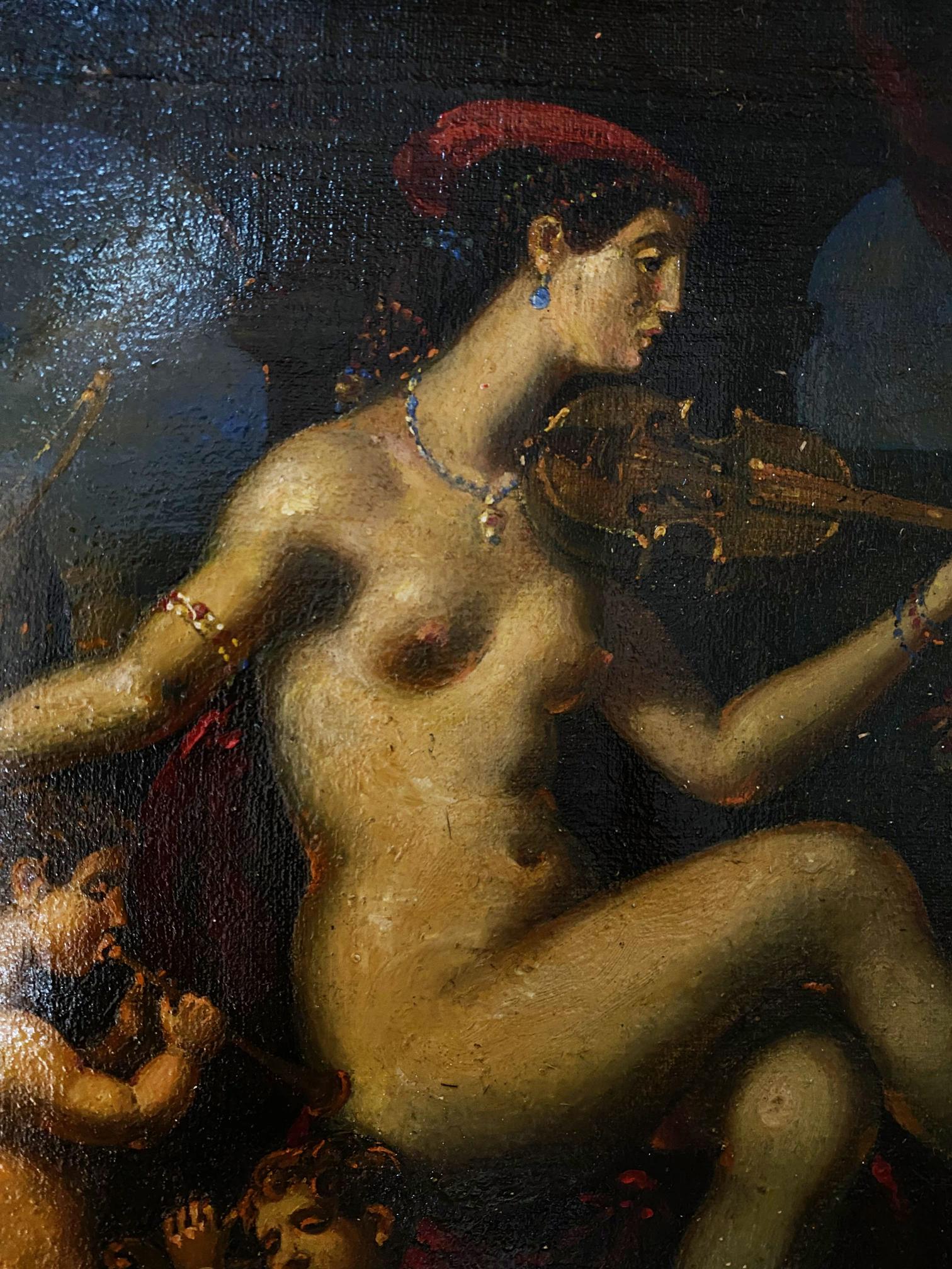 Nude violinist with red headpiece in blue earrings by Litvinov Oleg Arkadyevich oil painting