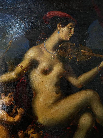 Nude violinist with red headpiece in blue earrings by Litvinov Oleg Arkadyevich oil painting
