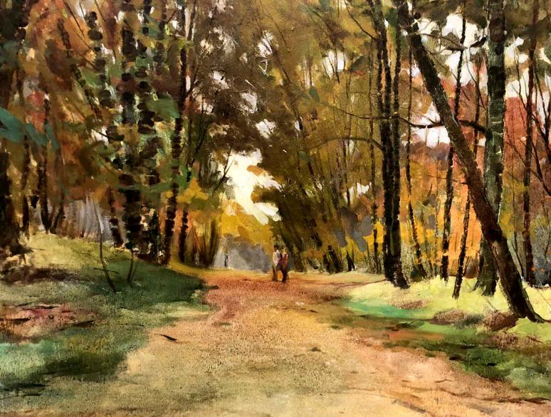 Watercolor forest path in autumn by Maltsev Nikolai Alexandrovich