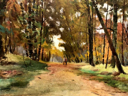 Watercolor forest path in autumn by Maltsev Nikolai Alexandrovich