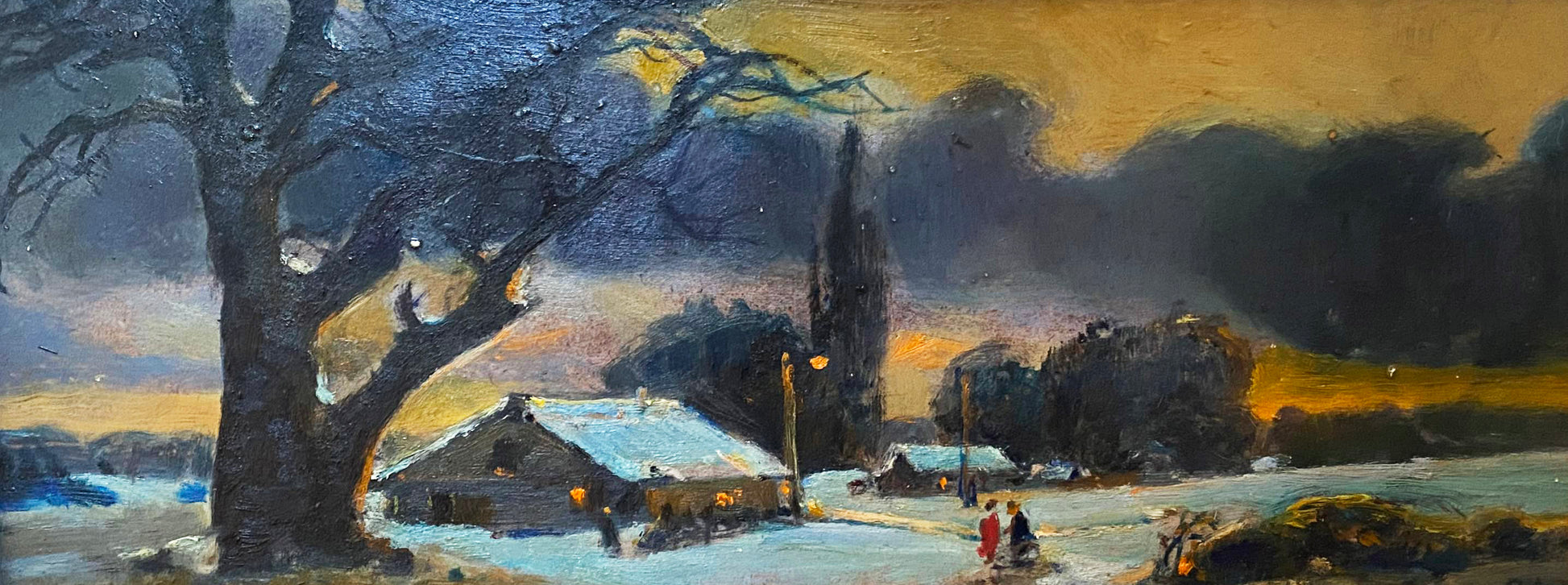 Oil painting by Litvinov Oleg Arkad’yevich: snowy village with warm lit windows