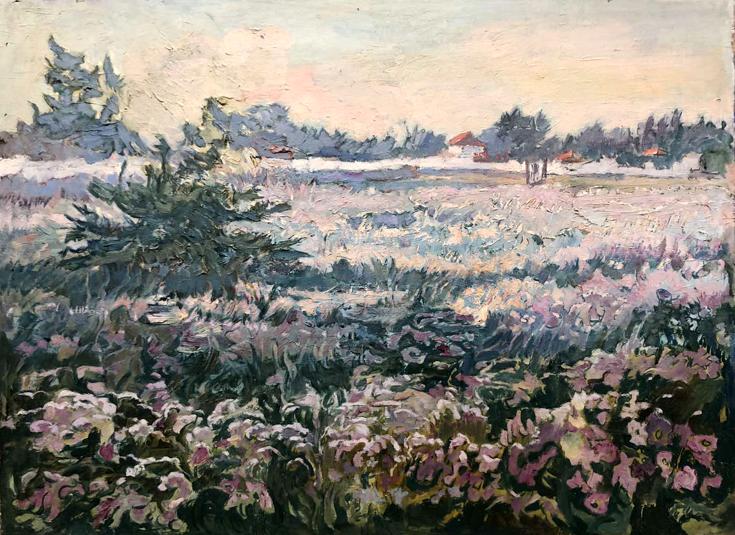 Vibrant impressionist oil painting of pink purple wildflower field by Sambur Arkady Gesejonovich