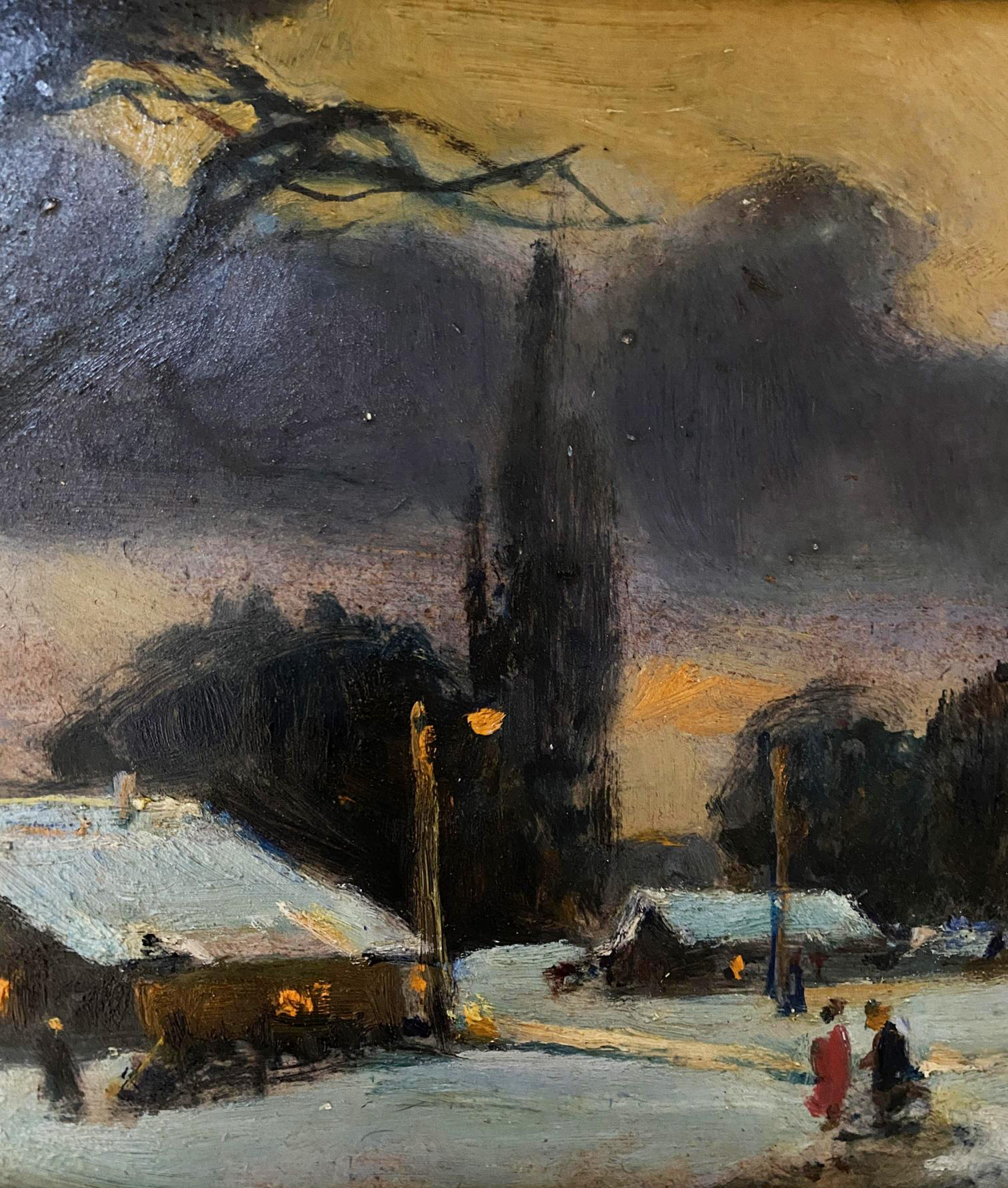 Oil painting Winter evening by Litvinov Oleg Arkad’yevich snowy village dusk