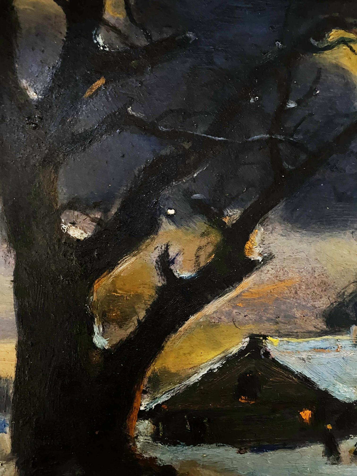 Oil painting Winter evening by Litvinov Oleg Arkad’yevich, gnarled tree silhouette