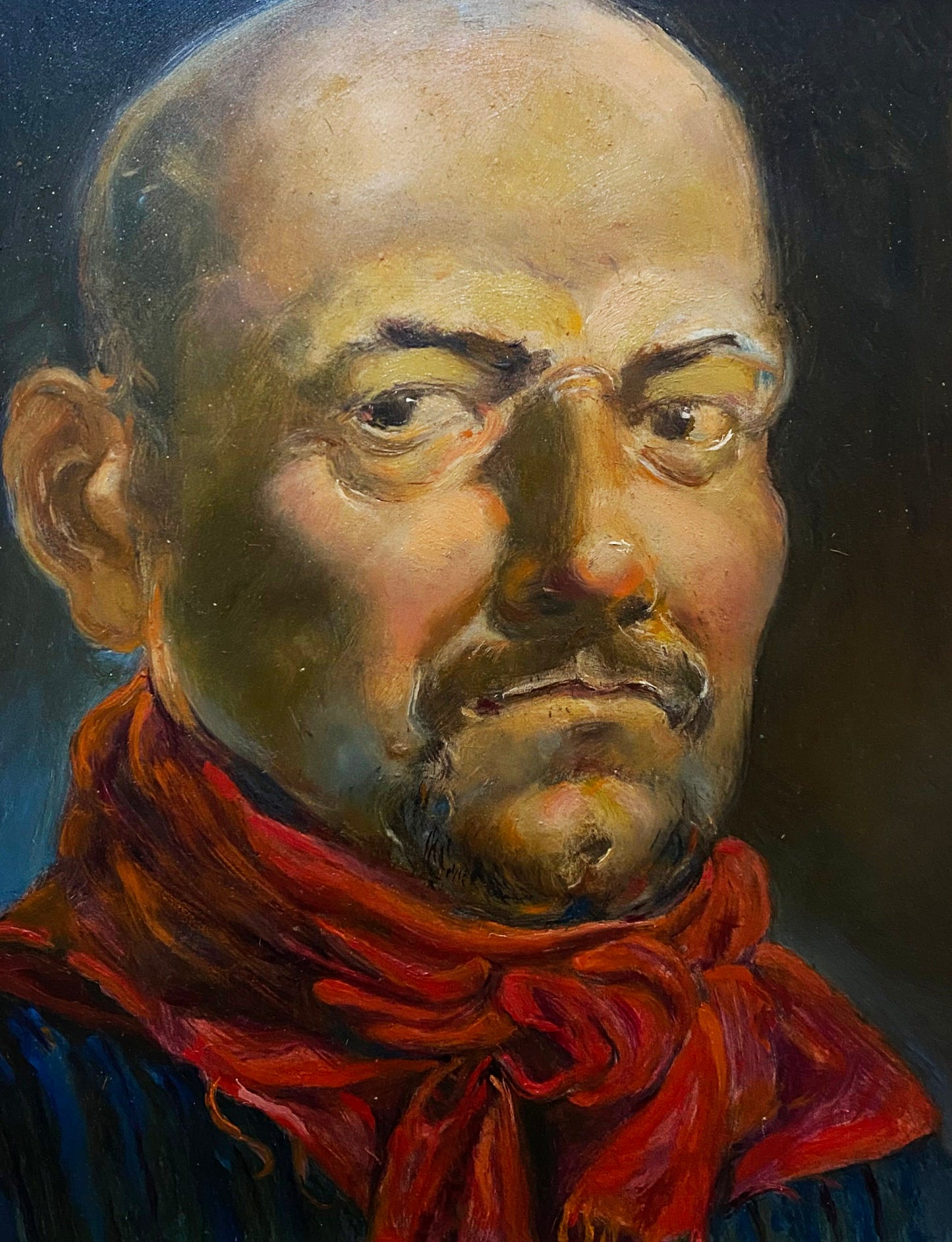 Oil painting portrait by Litvinov Oleg Arkad’yevich: bald man in red scarf