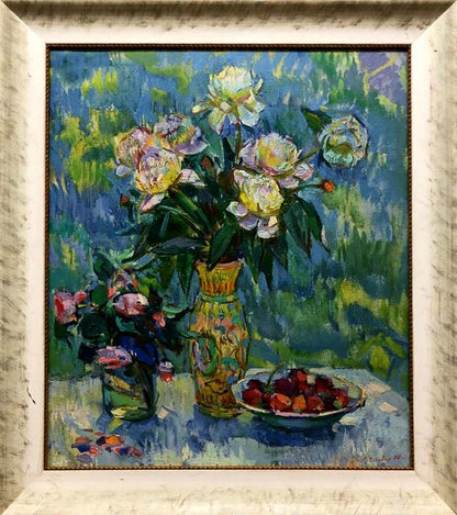 Oil painting by Chehodar Vasyl: yellow vase with peonies