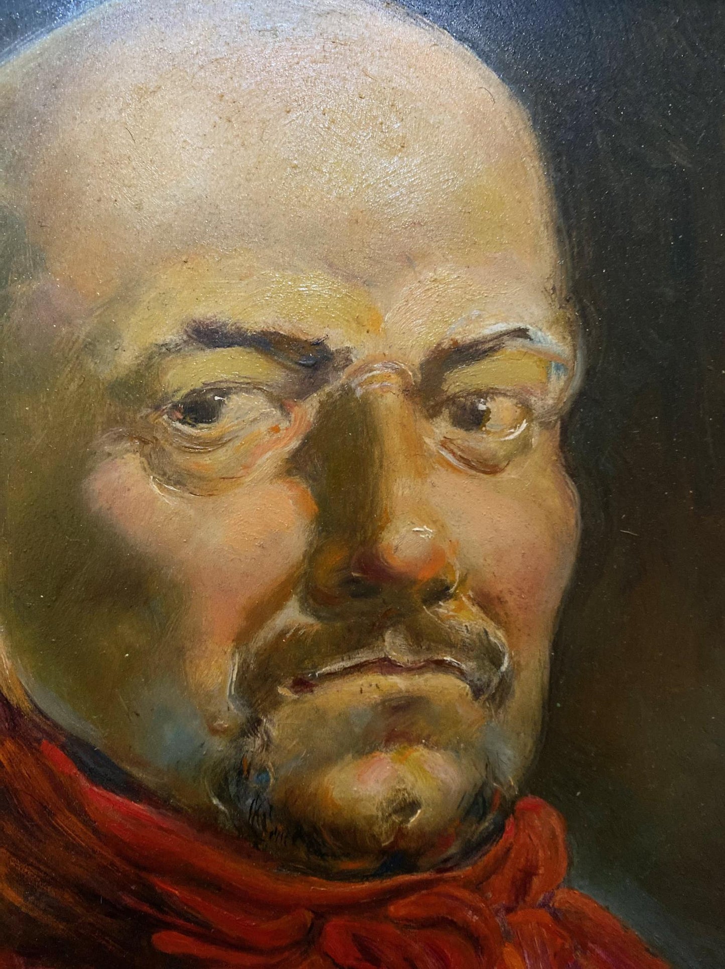 Oil painting portrait of bald man in red scarf by Litvinov Oleg Arkad’yevich