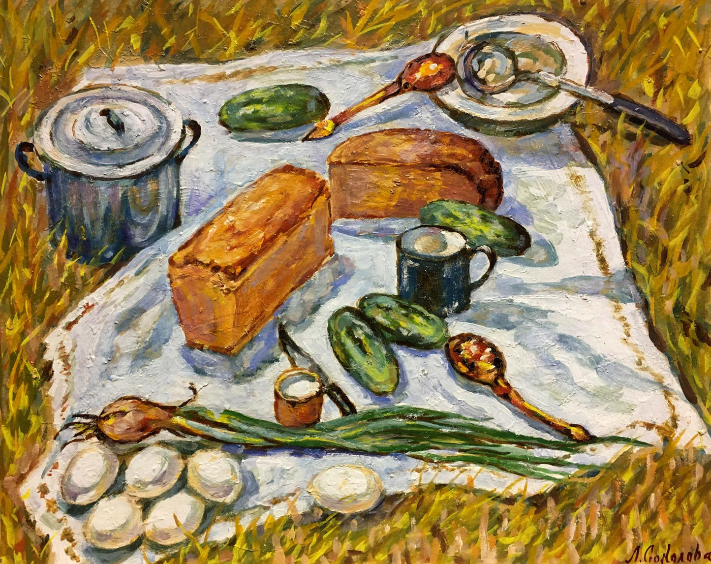 Oil painting Gifts of the Earth by Lina Alexandrovna Sokolova with rustic pot, bread, eggs