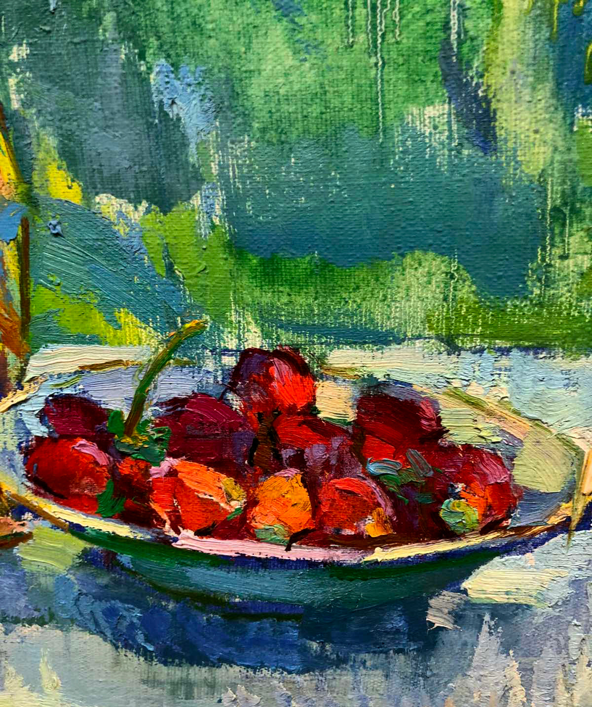 Vibrant impressionist oil painting of cherries in bowl by Chehodar Vasyl