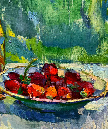Vibrant impressionist oil painting of cherries in bowl by Chehodar Vasyl