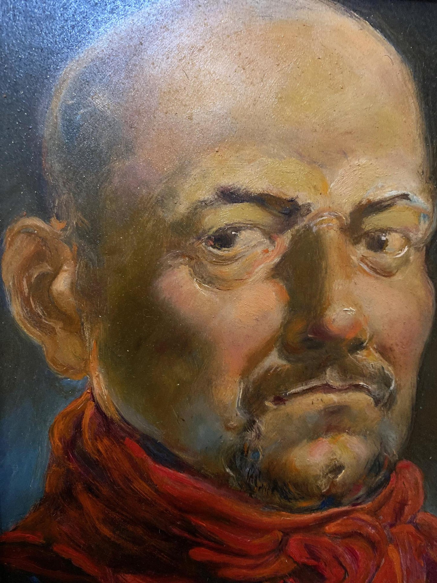 Textured oil painting portrait of bald man in red scarf by Litvinov Oleg Arkad’yevich