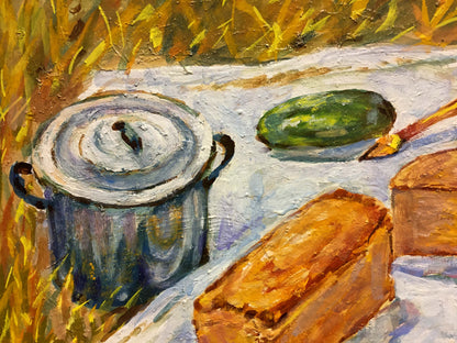 Rustic blue enamel pot and golden bread in Gifts of the Earth oil painting by Lina Alexandrovna Sokolova