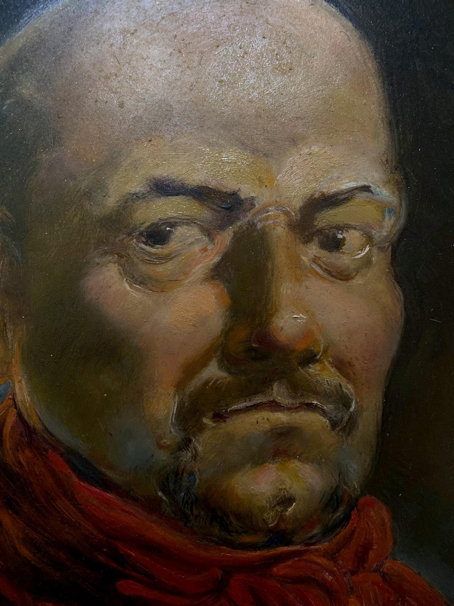 Textured oil painting portrait by Litvinov Oleg Arkad’yevich of bald man with mustache in red scarf